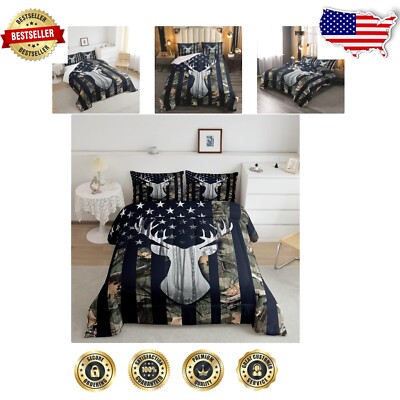 Cozy Boys Camo Quilt Set Twin Size - Rustic Deer Antler with Flag Design-image