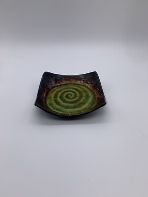 Pier 1 Imports Stoneware Hand Painted Green Swirl Candle Holder Plate/Trinket 6”-image
