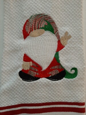 Machine Embroidered 100% Cotton Kitchen Dish Towel Red Groovy Peace Gnome ☮ #01-image
