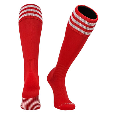 PEAR SOX Euro 3 Stripe Soccer Socks with Fold-Over Cuff - Scarlet, White-image