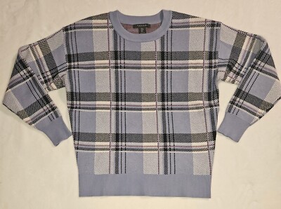 Tahari Womens Medium Blue Preppyvplaid Pullover Crew Neck Sweater-image