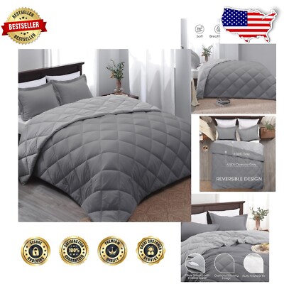 Soft Polyester Full Size Comforter Set - 3-Piece Charcoal Gray with Modern Style-image