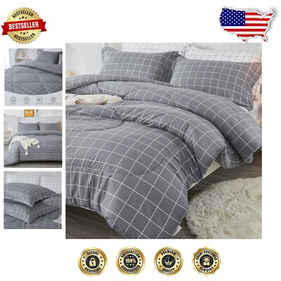 Lightweight Grey Grid Comforter Set Twin Size - Soft & Cozy Microfiber Bedding-image