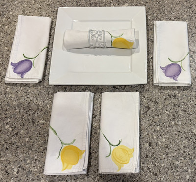 Lot Of 4 Pier 1 Lightweight PURPLE & YELLOW TULIP 15x17” Cloth Napkins: White-image