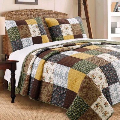 Cozy Line Andy Patchwork 3 Piece Reversible Cotton Quilt Olive, Yellow/Grey, Bro-image