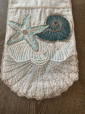 Pier One Table Runner 72” Coastal Embroidered Sea Shell Star Fish Neutral Aqua-image