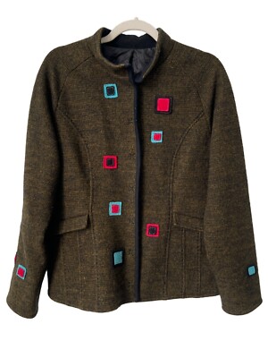 Snap Front Wool Jacket Womens Size Large Colorful Square Cozy Lagenlook Artsy-image