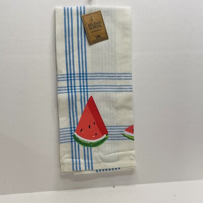 Kitchen Towel Dishtowel 18x28 Inches White Blue Stripes Watermelon Embellishment-image