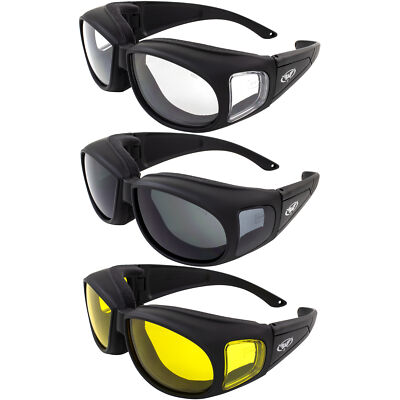 3 Padded FIT OVER GLASSES Motorcycle SUNGLASSES CLEAR SMOKE YELLOW OUTFITTER-image