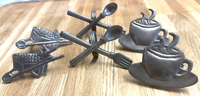 Vintage 6 Pewter NAPKIN HOLDERS  2 Fork & Spoons,  2 Coffee Cups, 2 Wheelbarrows-image