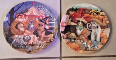 2 New Pier 1 Ironstone Halloween Midnight Carnival Park Avenue Dog Plate - 8.75