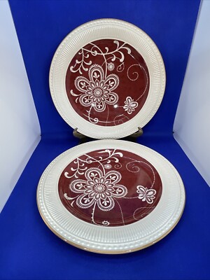 Pier 1 Imports Maribeth 2 Dinner Plates 11” Red Cream Flowers Ribbed Dots Rim-image