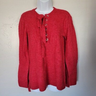 Kensie Women's Small Long Sleeve Red Sweater Lace Up Front Soft Comfy Pullover-image