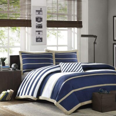 NEW! ~ COZY MODERN NAVY BLUE WHITE TAN BEIGE TAUPE BOY STRIPE SOFT COMFORTER SET-image