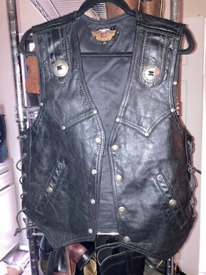 Vintage Harley Davidson Men's Black Leather Studded Concho Vest, size SMALL-image