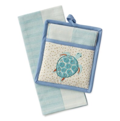 Beach Turtle Embellished Seaside Potholder & Kitchen Hand Towel Gift Set-image