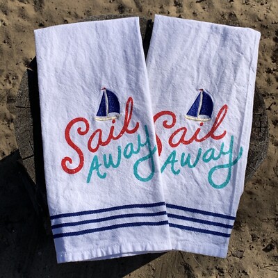 Sail Away Dish Hand Towels Embroidered DII Design Imports Kitchen Set 2 Hang EUC-image