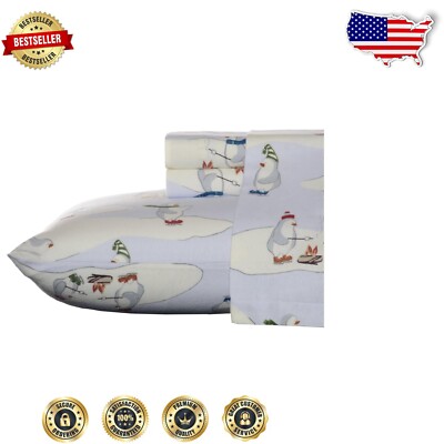 Winter-Ready King Sheet Set: Brushed Cotton Flannel with Festive Penguin Design-image