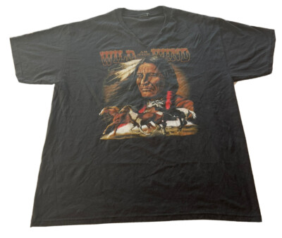 Vtg Wild As The Wind Large Black T-Shirt Indian Horses 90s Native American-image
