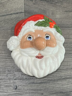 VINTAGE SANTA FACE MUSICAL WIND UP Wall Plaque Christmas Kitsch 80s MCM Retro-image