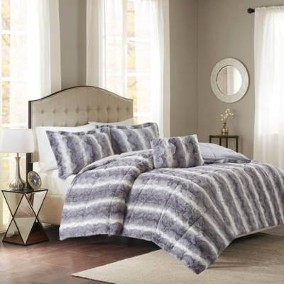 NEW! ~ COZY  ULTRA SOFT LUXURY PLUSH LUXURIOUS FAUX FUR GREY COMFORTER SET New-image