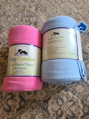 Cozy Comfort Fleece Throw Lot of 2 Blue & Pink. 50in × 60in. EXCELLENT CONDITION-image