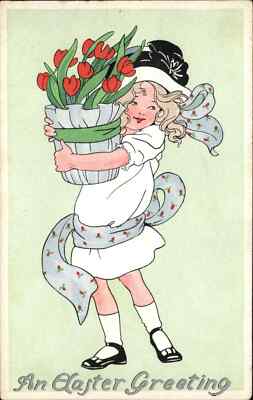 Easter Little Girl with Tulips Wind Flower Scarf Vintage Postcard-image