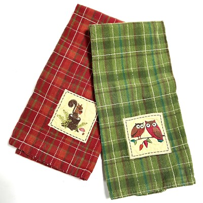 Squirrel & Owls Embroidered Dishtowels Set of 2 Woodland Creatures Design Import-image