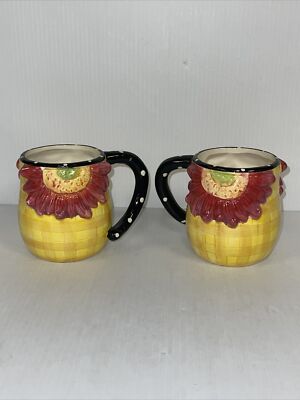 2-Pier 1 Imports Ceramic Floral Basket Raised RED SUNFLOWER Coffee Mug W/CRAZING-image