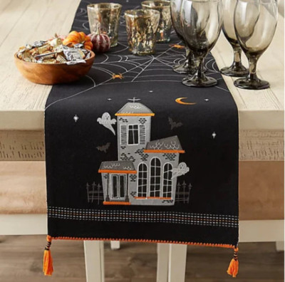Haunted House 70-Inch Embellished Halloween Table Runner in Black-image