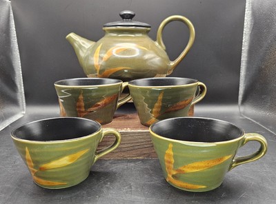 Pier 1 Dakara Hand Painted Green Stoneware Teapot with 4 cups Bamboo Design-image