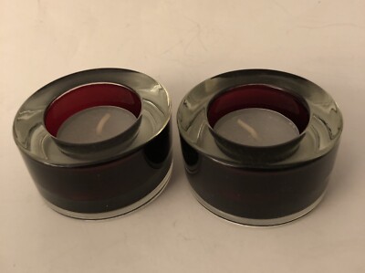 Pair Of Pier 1 Imports Glass Red + Clear Tealight Holders Votives 2.75”x1.5”-image