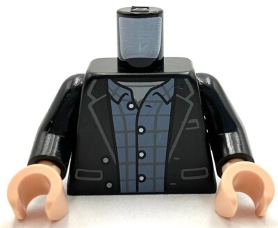 Lego New Black Torso Open Suit Jacket Pockets over Sand Blue Plaid Shirt Minifig-image