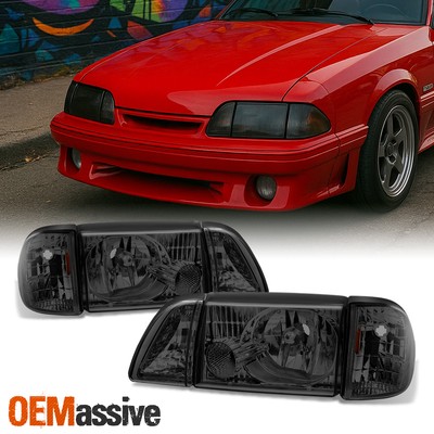 Fit 87-93 Mustang Smoke Headlights w/ Corner & Parking 6Pcs Complete Replacement-image