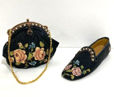 Popular Imports Miniature Black Shoe & Purse Handbag with Pink Floral Design-image
