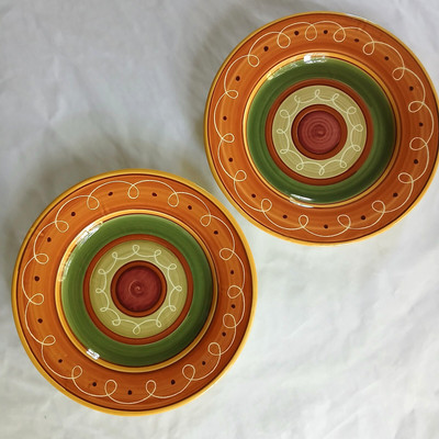 2 Pier 1 ETRUSCO Earthenware Hand Painted Dinner Plates 11 1/2