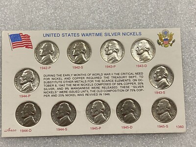 US WARTIME SILVER NICKELS SET COMPLETE ~~ 11 COINS in DISPLAY CARD-image