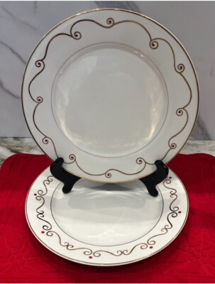 Pier 1 Imports Holiday Scroll Gold Rimmed 10.5” Dinner Plates Set of 2-image