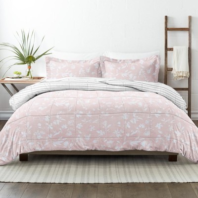 Premium Down Alternative Pink Pressed Flowers Reversible Microfiber Queen Set-image