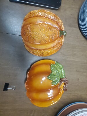 2 Pier 1 Imports Hand Painted Dolomite Embossed Pumpkin Plate 8.5