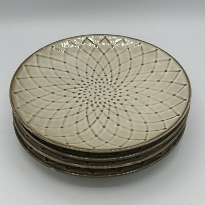 Pier 1  Stoneware Salad Plates Beige Brown Geo Embossed 8.5