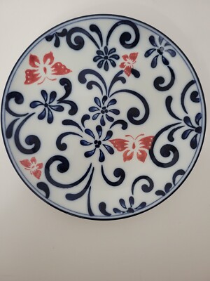 Pier 1 Butterfly Blossom Rust Red and Blue Salad Luncheon Plate Butterflies-image