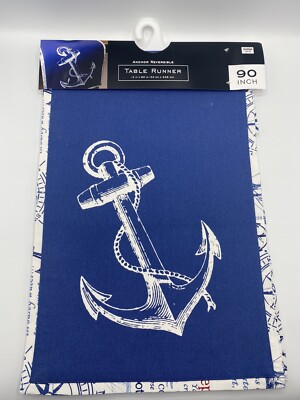 Nautical Theme Table Runner Reversible Blue & White 90