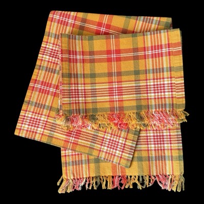 Vintage Pier 1 Imports 8 Placemats & Table Runner Orange Madras Plaid Fringe-image