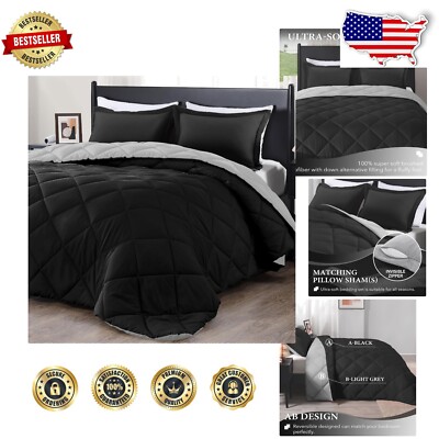 Classic Twin Comforter Set - Black/Grey with Diamond Stitching & Pillow Sham-image