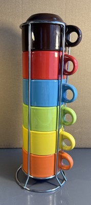 Pier 1 Imports Set of 6 Stacking Stoneware Coffee Mug Cups Red Yellow Blue Green-image