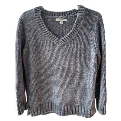 Orvis Chenille Soft Corduroy Ribbed V Neck Cozy Grey Sweater, Size S-image