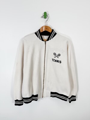Vintage 50s 60s Tennis Coach Jacket Size Large White Mens Deep Pile-image