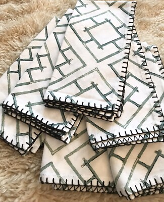 PIER 1 IMPORTS SET OF 6 BAMBOO STITCHED WHITE/GREEN 100% COTTON CLOTH NAPKINS-image