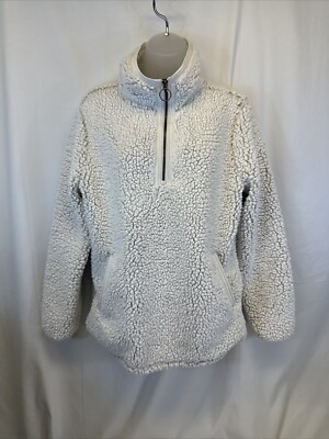Cozy Sherpa Women’s Quarter Zip Pullover Polyester Soft White Jacket Size Medium-image